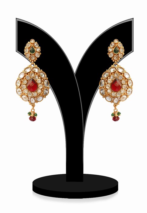 Shop Online Designer Polki Earrings With Red, Green and White Beads-0