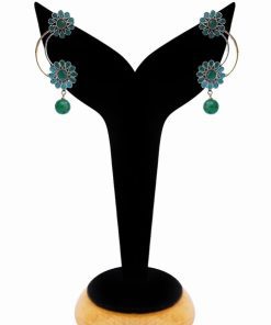 Flower Shaped Women Jhumkas in Green Beads from India-0