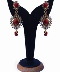Red and White Stones Studded Polki Earrings from India-0