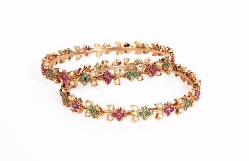 Gold Plated Bangles for Women with Ruby, Emeralds and Pearls-179