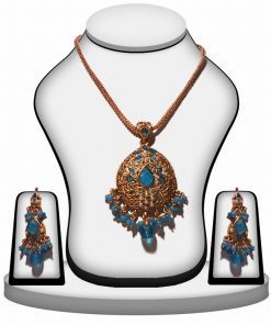Gorgeous Designer Polki Pendant and Earrings Set in Turquoise Stone -0