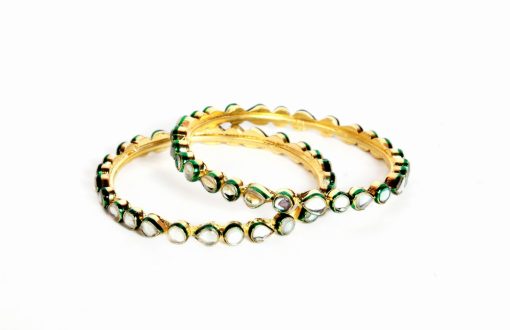 Gorgeous Pair of Green Kundan Bangles for Women from India-0