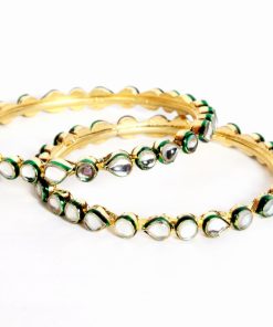 Gorgeous Pair of Green Kundan Bangles for Women from India-163