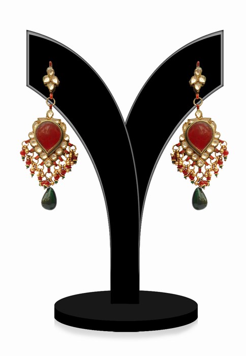 Designer Indian Kundan Earrings for Parties in Green and Red Beads-0