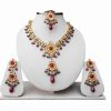 Exquisite Kundan Necklace Set With Tikka and Earrings in Red and Green Stones-0
