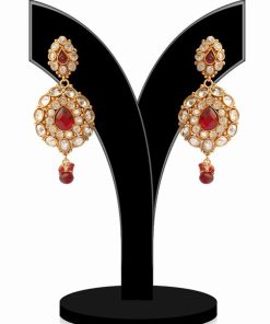 Traditional Red and White Indian Polki Jhumka Earrings for Ladies-0