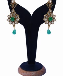 White and Green Stone Studded Polki Jhumkas From India-0