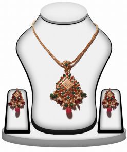 Latest Fashion Designs Polki Pendant Set with Earrings in Red, Green and Pearls-0