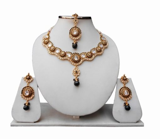 Black Stones LCD Necklace Set With Tikka and Earrings for Wedding-0