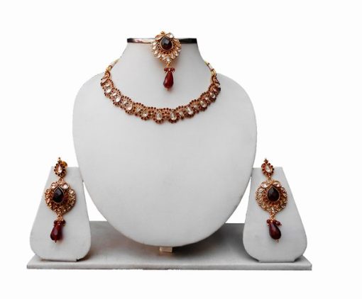 Latest Design Maroon Tikka, Jhumkas and Necklace LCD Jewelry Set From India-0