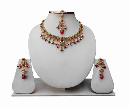 Polki Bridal Jewellery Set with Indian Tikka and Earrings in Red and Green Stones-0