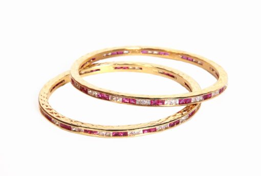 Beautiful Pair of AD Bangles in Red and White CZ Stone Pattern-0