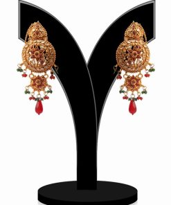 Beautiful Round Shaped Ladies Jhumkas in Red and Green Beads-0