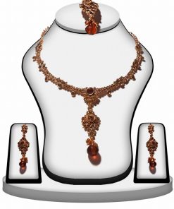 Shop Online Brown Stone Fashion Necklace Set with Earrings and Maang Tikka-0