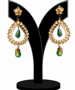 Sparkling Kundan Earrings in Green and White Beads for Parties-0