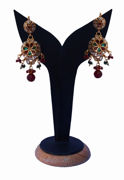 Buy Online Red, Green and White Stones Studded Polki Earrings-0
