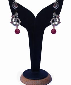 Stylish Peacock Earrings in Red and White Stones for Parties-0