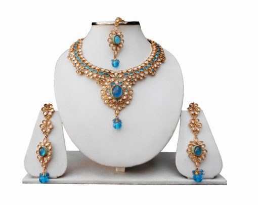 Turquoise Bridal Necklace Set with Earrings and Tikka for Girls-0