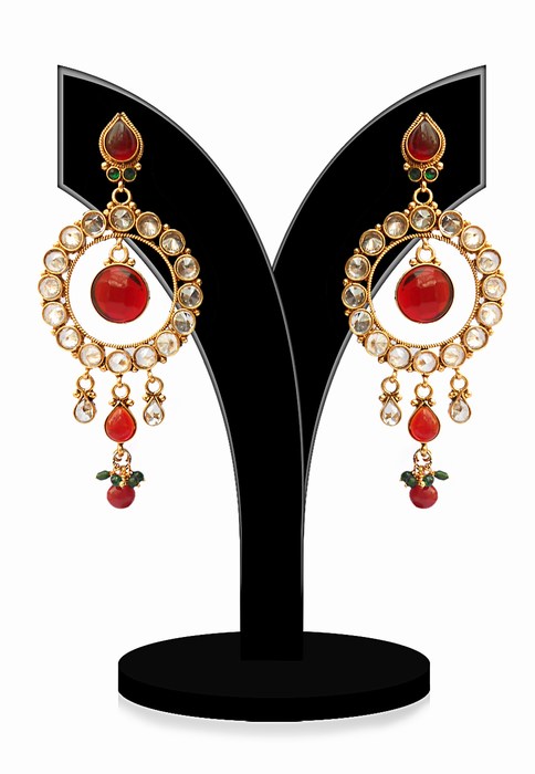 Classy Round Shaped Women Jhumkas in Red and White-0