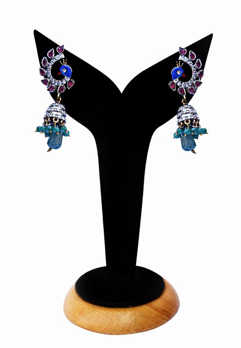 Peacock Shaped Women Jhumkas in Multicolored Beads from India-0