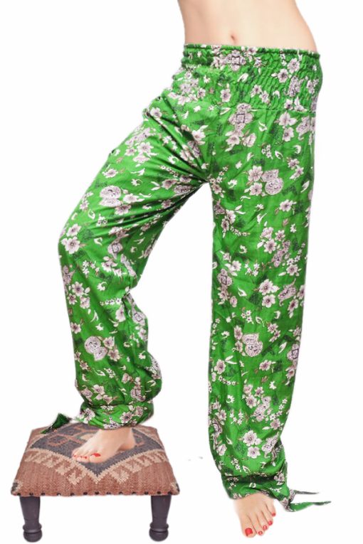 Beautiful Bright Green Baggy Harem Leggings with White Flowery Print-0