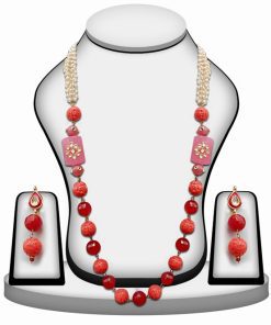 Elegant Beaded Necklace Set With Earrings in Orange, Red and Pink Kundan Stones-0