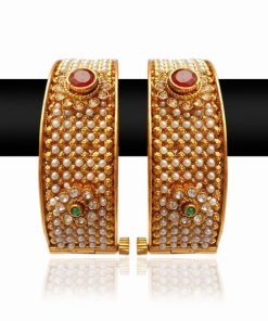 Beautiful Pair of Designer Bangles with Red, White and Green Stones-0