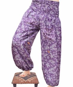 Latest Designs Purple Berry Baggy Harem Leggings With White Flowery Prints-0