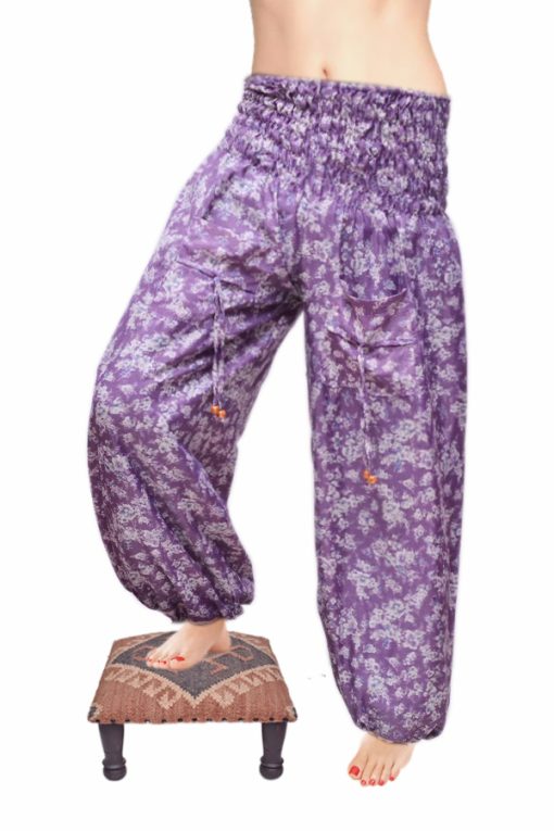 Latest Designs Purple Berry Baggy Harem Leggings With White Flowery Prints-0