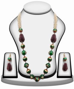 Red and Maroon Kundan Stone Beads Bridal Jewellery Set with Earrings for Women-0
