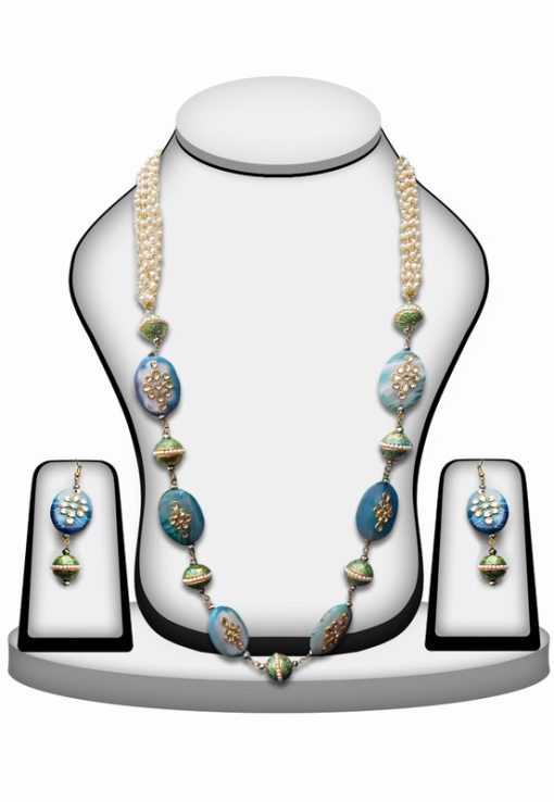 Beautiful Bridal Necklace Set with Earrings in Blue Beads with Kundan Work-0