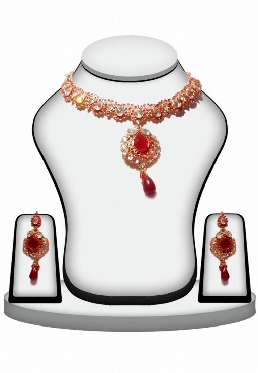 Buy Red and White Polki Ethnic Pendant Set from India -0