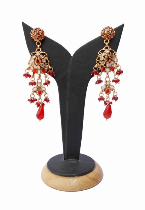 Buy Online Elegant Chandelier Style Earrings in Red and White Stones-0