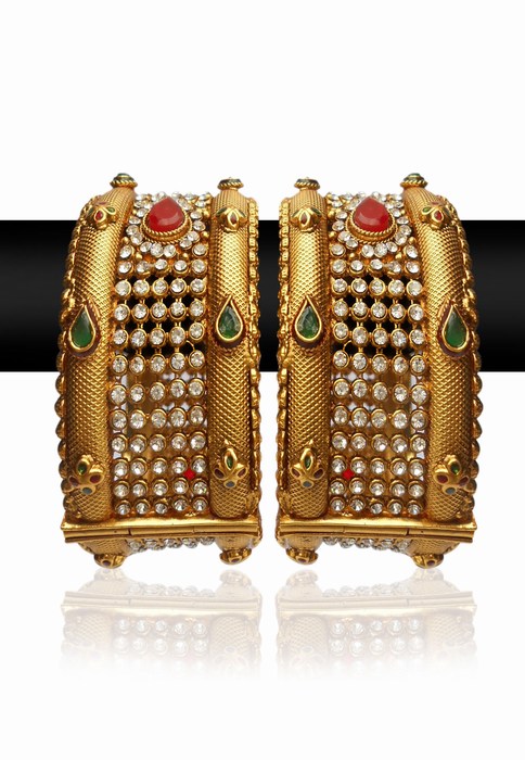Heavy and Broad Designer Bangles with Red, Green and White Stones-0