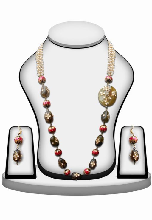 Necklace Set in Brown and Red Stones and Beads with Kundan Work with Earrings-0