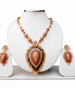 Beautiful Designer Pendant Set with Earrings in Red, Green and Blue Stones-0