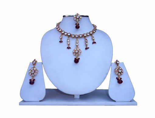 Stylish Designer Polki Necklace Set with Fancy Earrings and Maang Tika-0