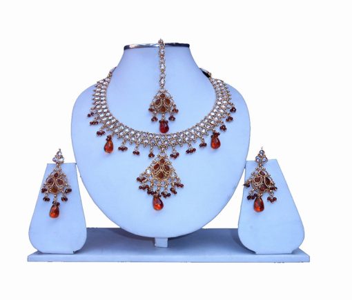 Buy Online Designer Polki Necklace Set with Earrings and Tika-0