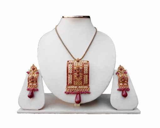 Buy Online Designer Polki Pendant Set With Earrings In Maroon Stone-0