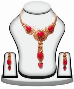 Designer Red Stone Polki Pendant and Earrings Set from India-0