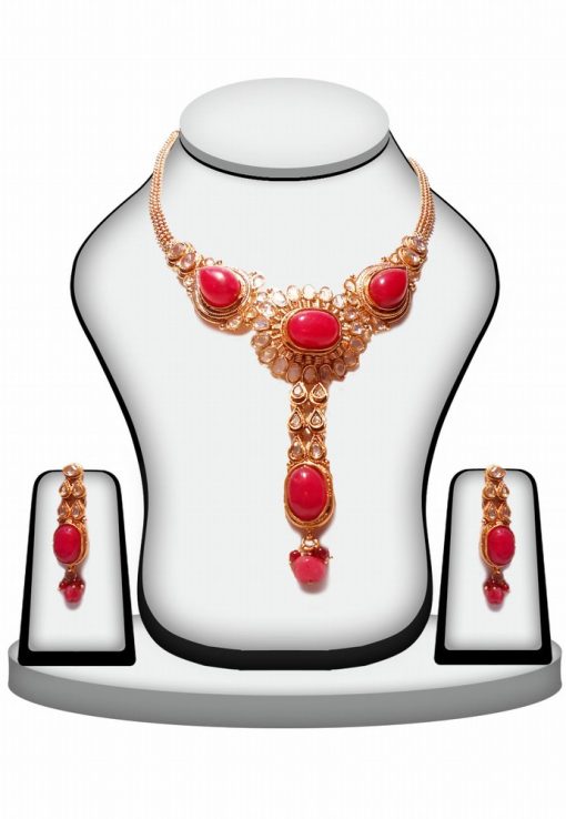 Designer Red Stone Polki Pendant and Earrings Set from India-0
