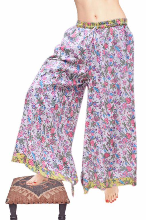 Fashionable Silky Flowery Designed Drop Crotch Pants with Yellow Border-0