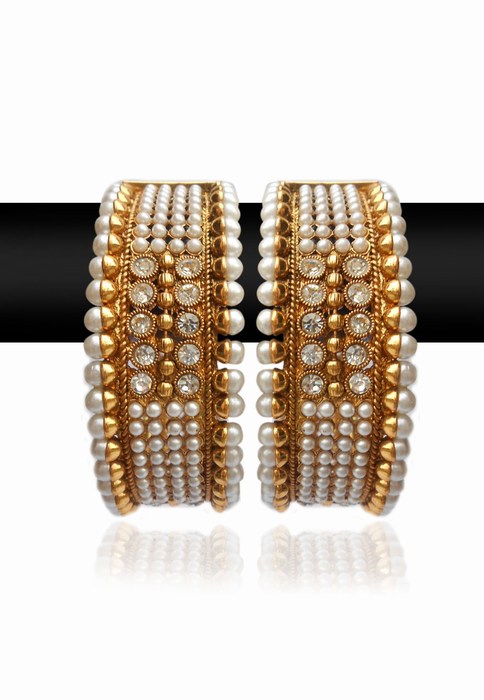 Gorgeous Pair of White Pearl and Stone Bangles for Women-0