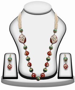 Fancy Design Red and Green Kundan Beads Necklace Set with JhumkasFrom India-0