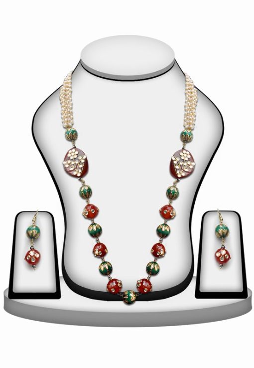 Fancy Design Red and Green Kundan Beads Necklace Set with JhumkasFrom India-0