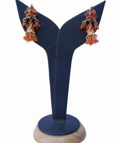 Fancy Jhumka Style Earrings from India in Orange and White Stones-0