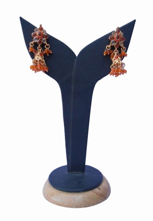 Fancy Jhumka Style Earrings from India in Orange and White Stones-0