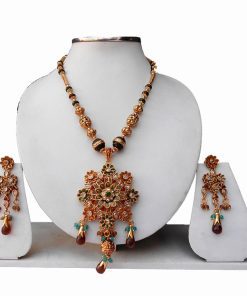Latest Design Fashion Pendant Set with Earrings in Turquoise, Red and Green Stones-0