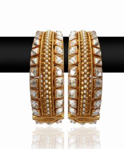 Fashionable Golden Bangles with White Stones in an Intricate Design-0