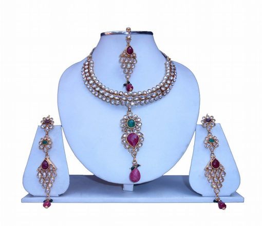 Buy Online Fashionable Kundan Necklace Set with Earrings and Tika-0